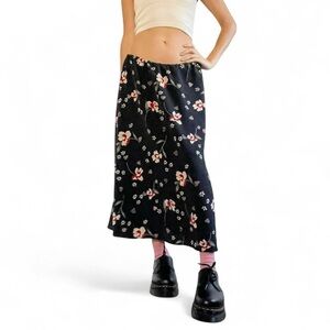 vintage whimsical goth Floral Black Midi Skirt